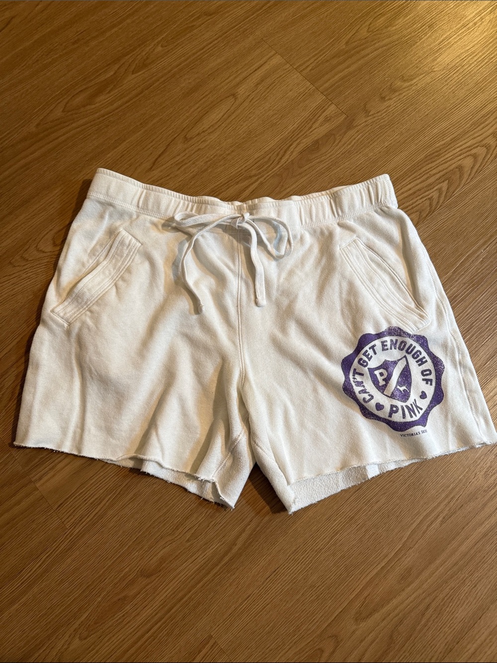 PINK Vintage Victoria's Secret White Terry Lounge Shorts with Purple Logo